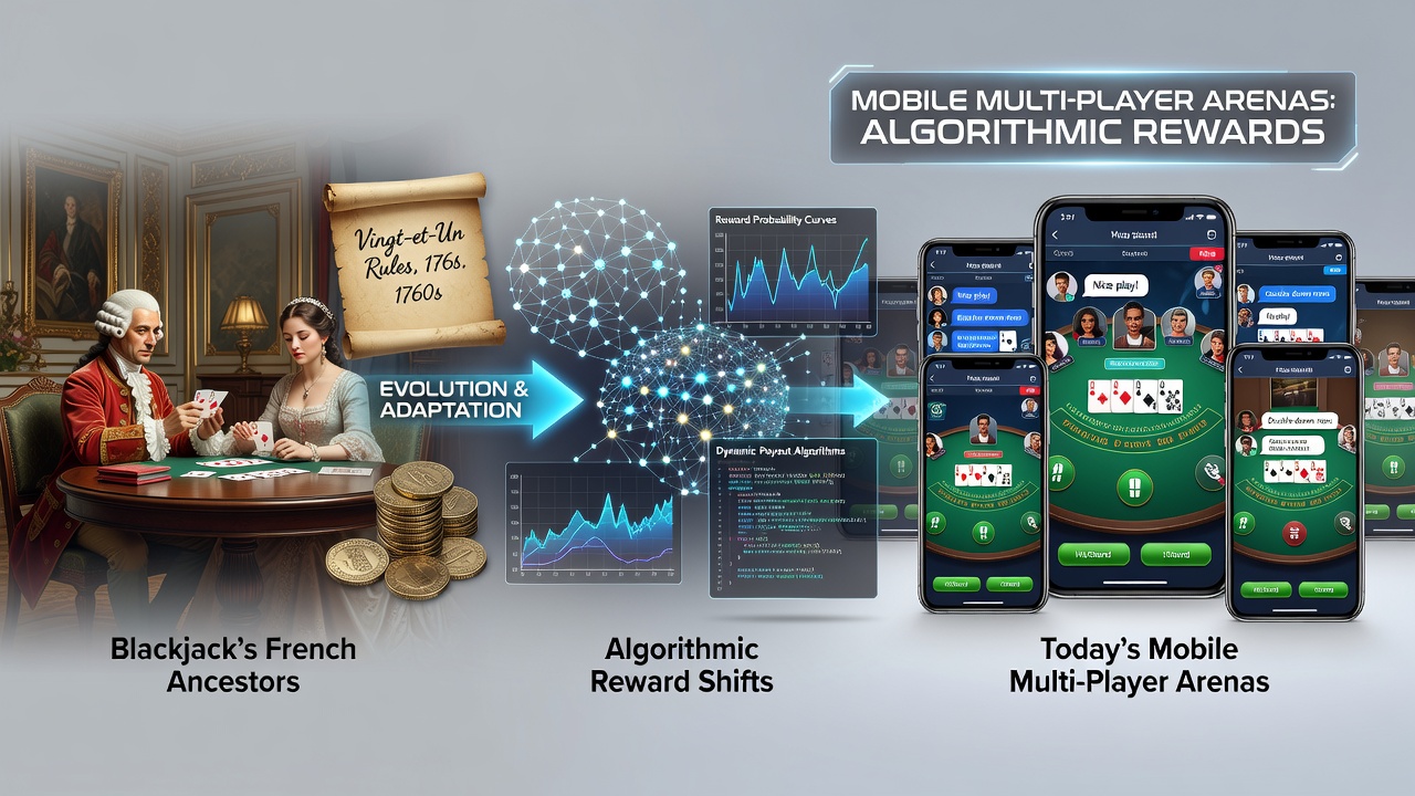 Screenshot of mobile blackjack interface displaying real-time multiplayer tables and algorithmic bonus indicators