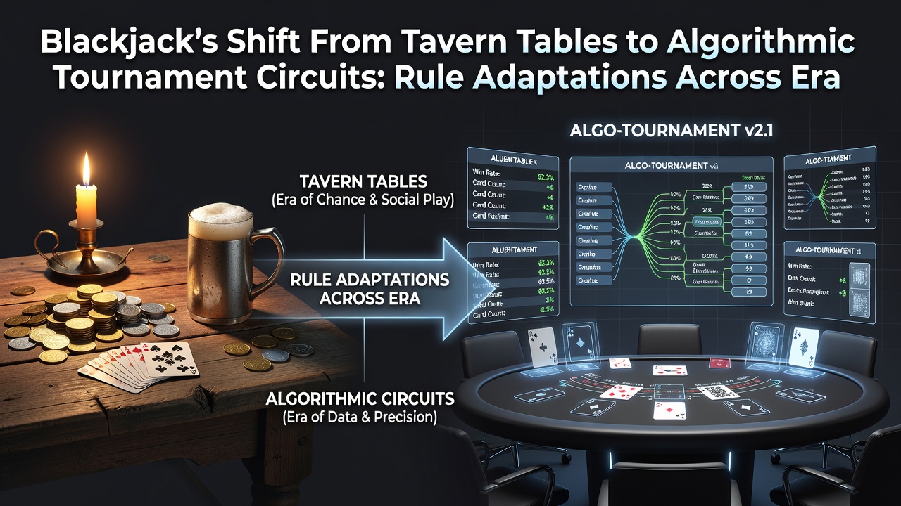 Modern algorithmic blackjack tournament setup with digital interfaces and rule adaptation displays