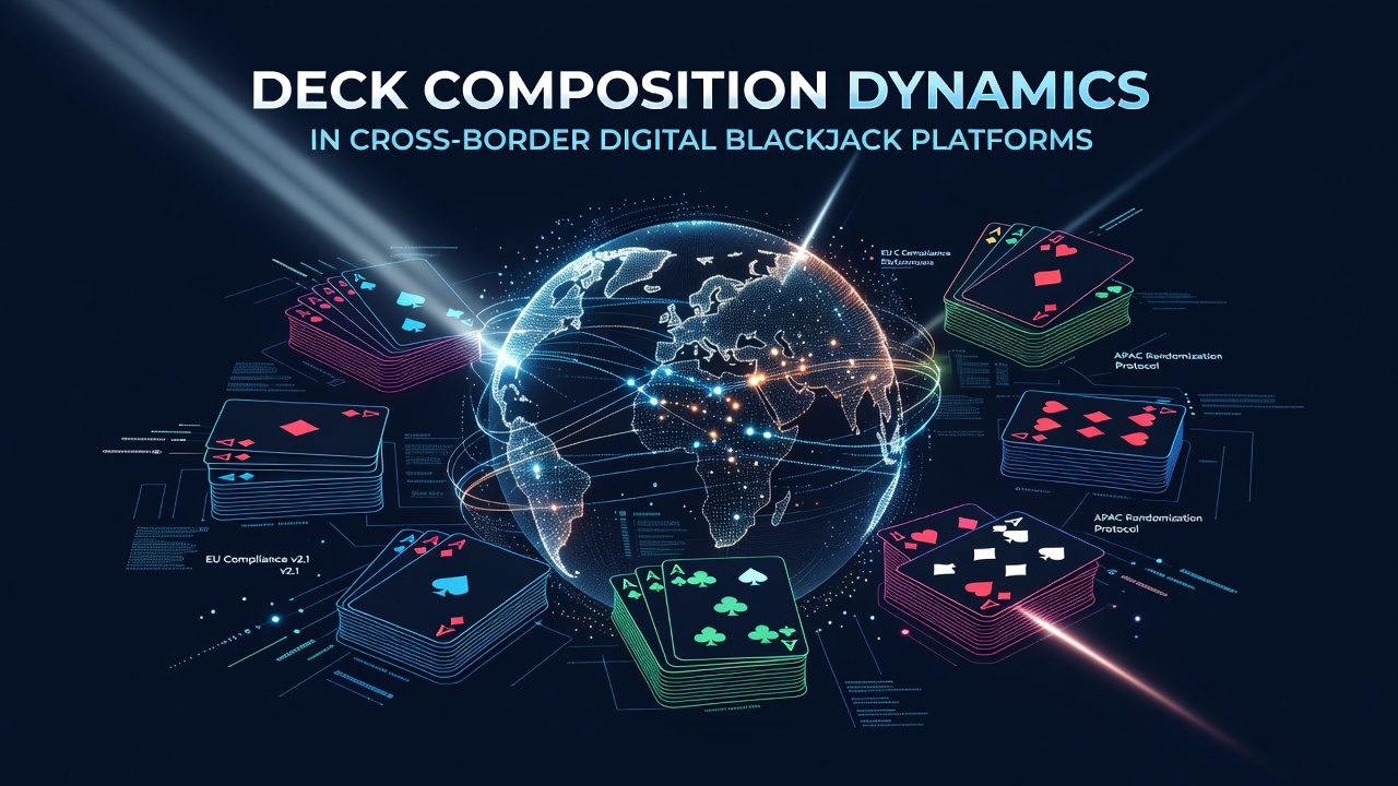 Digital blackjack interface showing virtual deck composition and card distribution across international servers