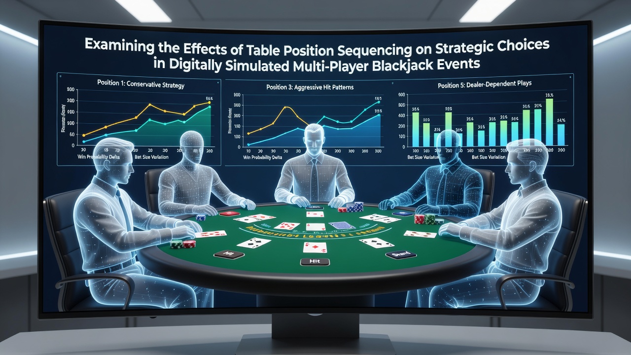 Digital blackjack table layout showing player positions and sequencing indicators in a simulated multi-player environment
