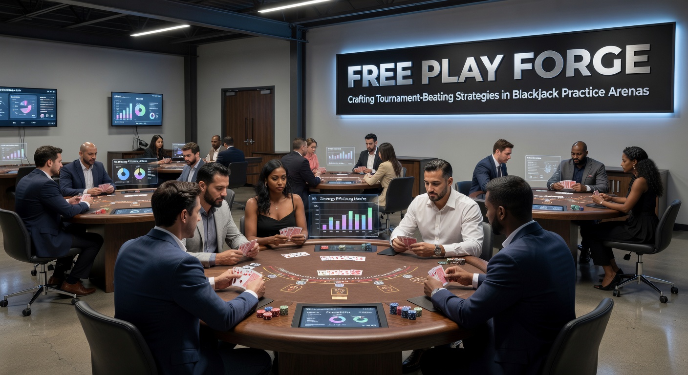 Digital interface of a blackjack practice arena showing strategy charts and simulated tournament play