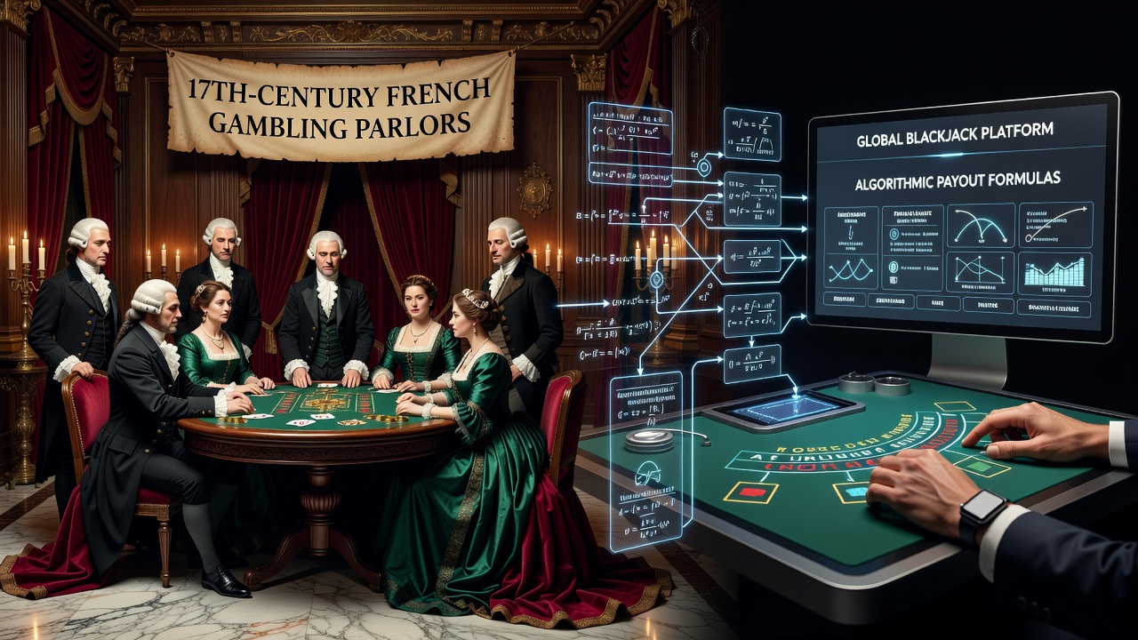 Historical depiction of 17th-century French gambling parlor with card tables and players in period attire