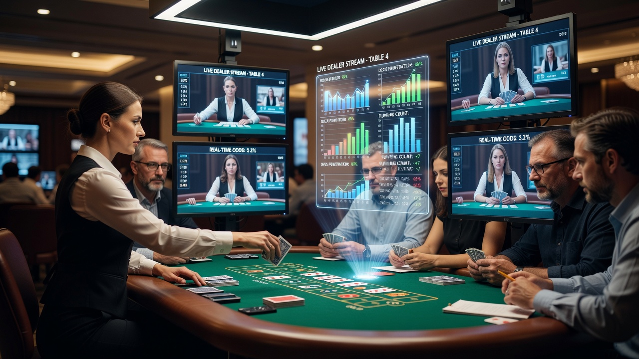 Live dealer blackjack table with multiple players and digital overlays showing real-time card tracking interfaces
