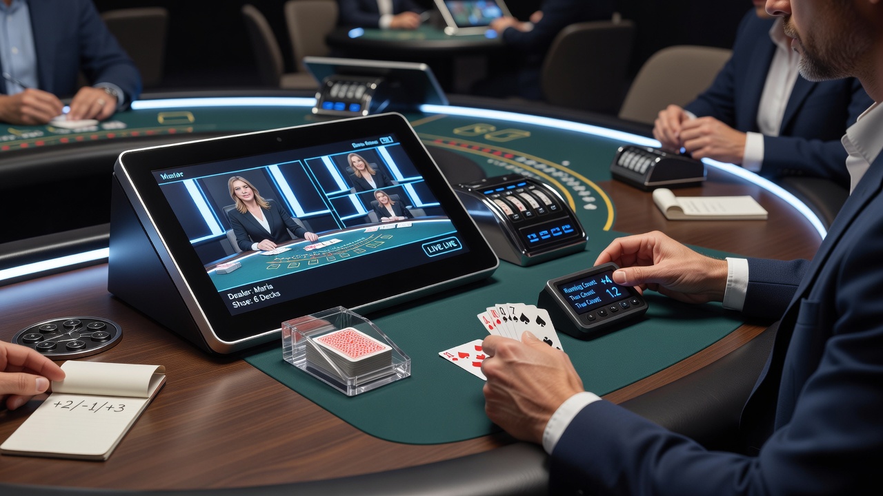 Close-up of digital tournament interface displaying real-time deck composition metrics alongside player betting history