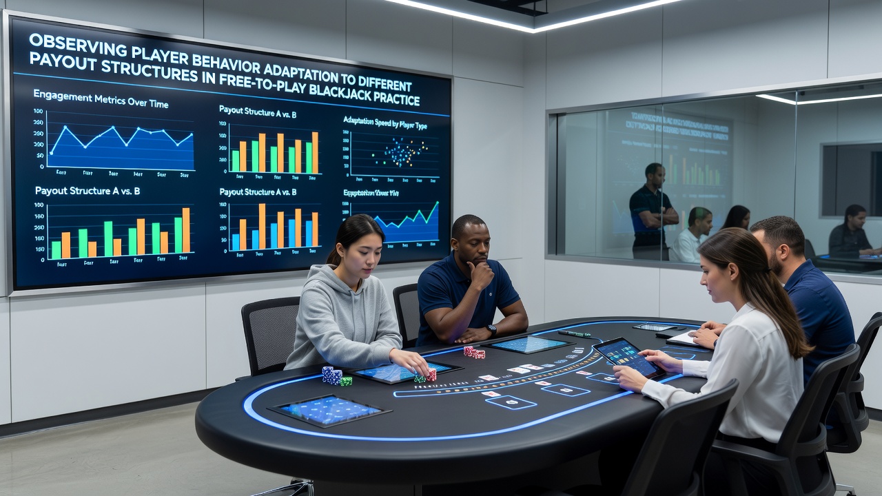 Analytics dashboard showing player behavior metrics across different blackjack payout structures in practice mode