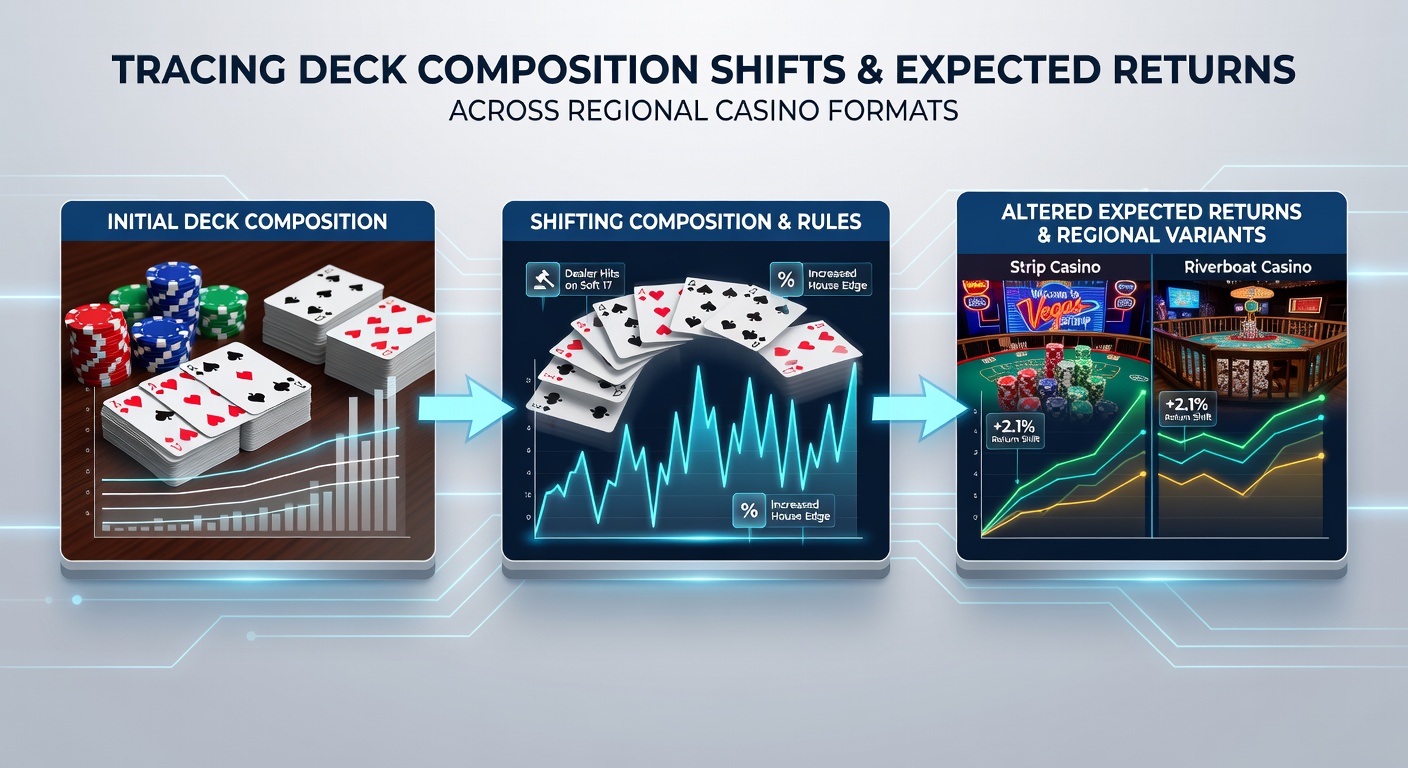 Diagram showing multi-deck shoe configurations and their impact on blackjack expected returns in different casino regions