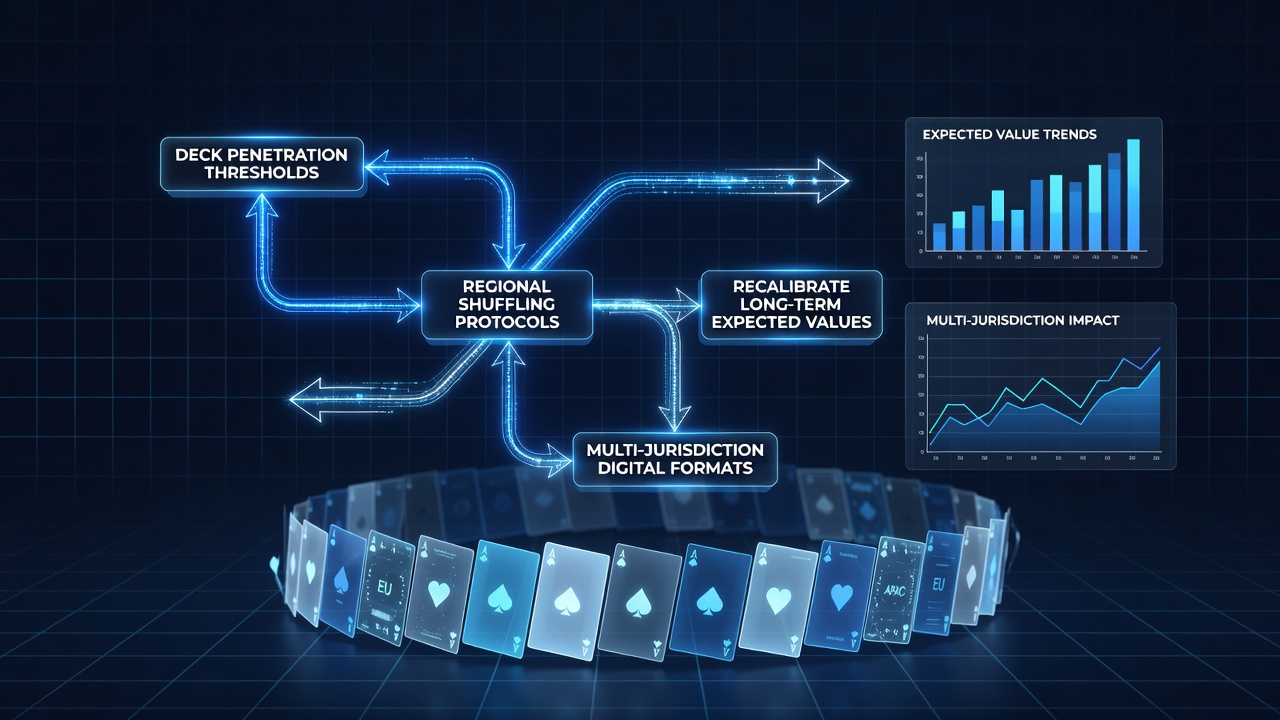 Digital blackjack interface showing deck penetration indicators across multiple regulatory zones
